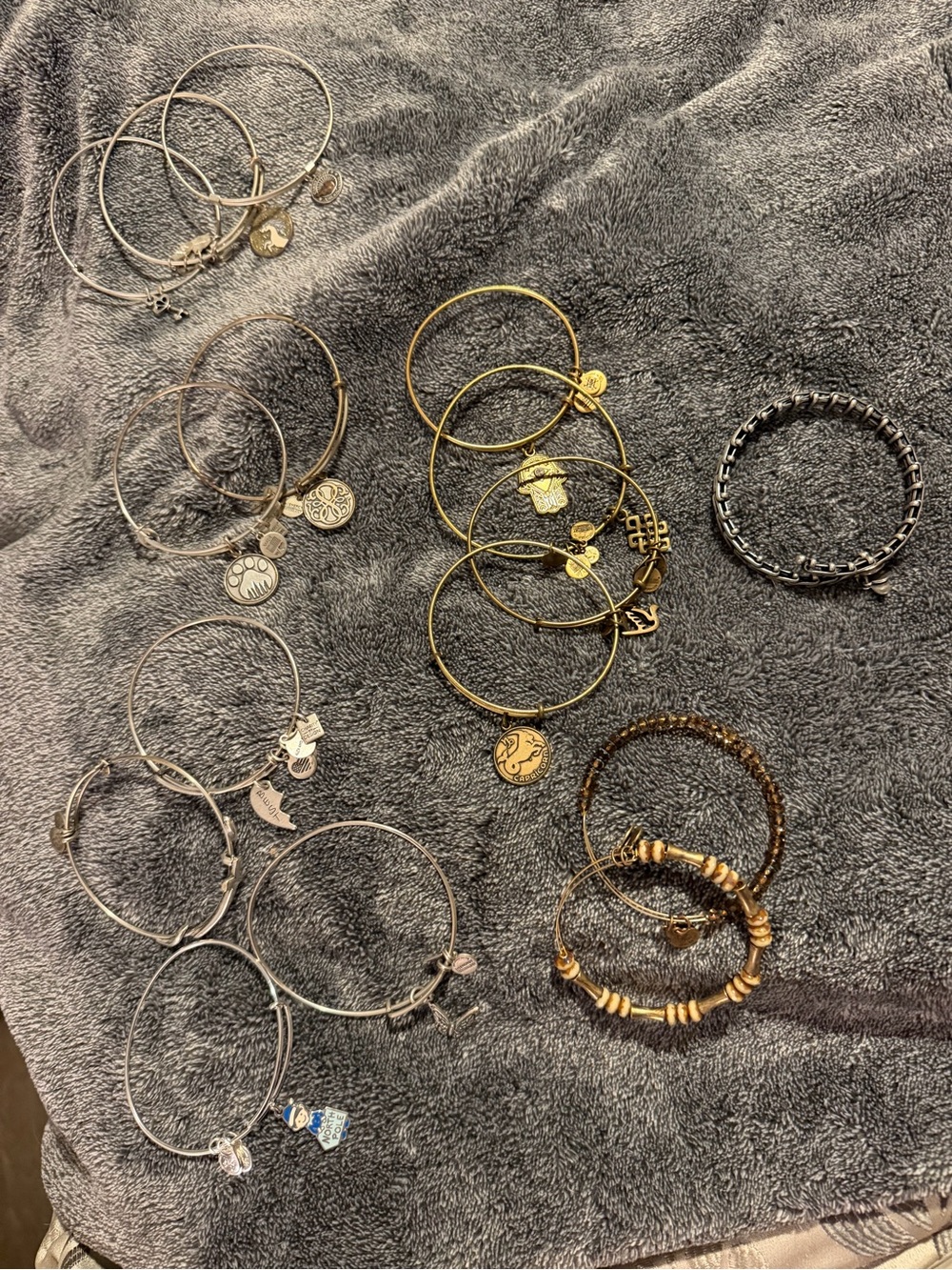 Lot of 16 Alex and Ani Mixed Metal and Gold Charm Bangle Bracelet Set -